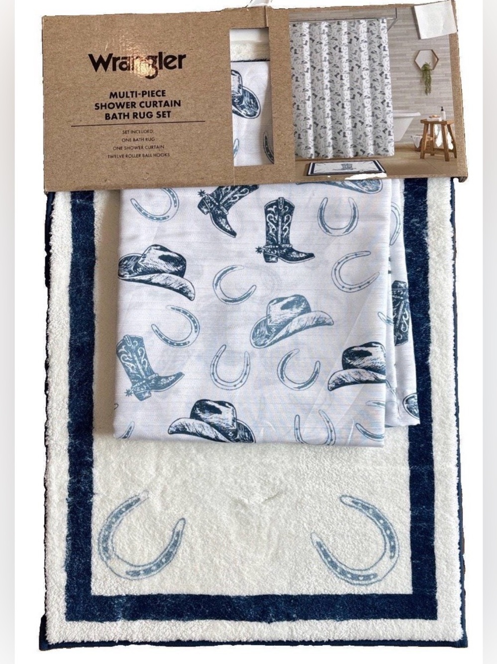 NEW Wrangler Western Shower Curtain and Bath Rug Set Blue Horseshoe/Hat/Boots
